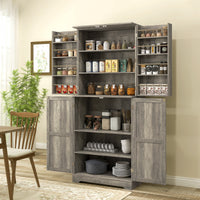Farmhouse Kitchen Pantry Cabinet, Kitchen Cabinet with Barn Doors, Adjustable Shelves and Door Racks, Distressed Grey