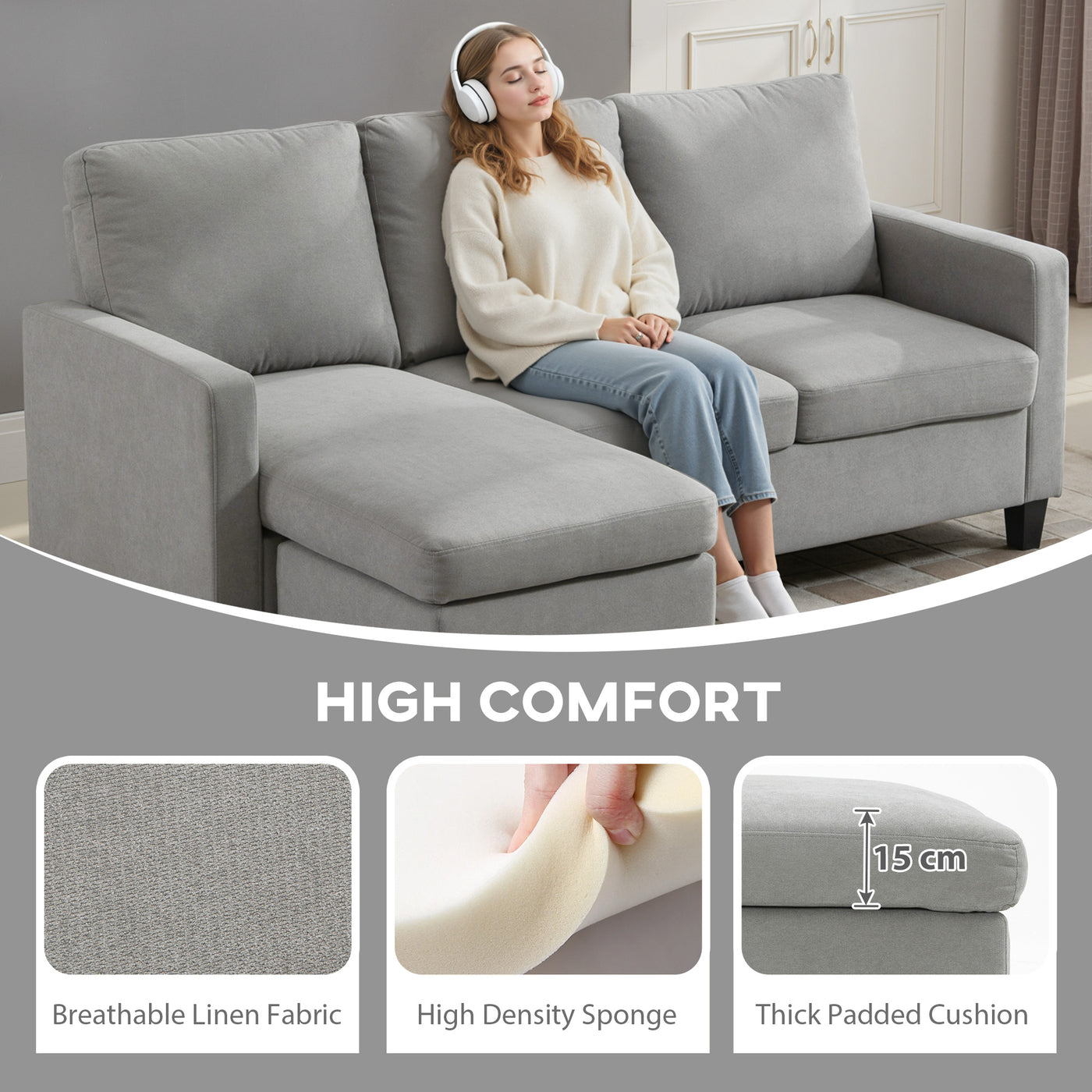 L-Shape Sofa, Modern Sectional Couch with Ottoman, Corner Sofa for Living Room, Light Grey