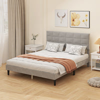 Queen Size Bed Frame with Upholstered Headboard, Modern Platform Bed Frame with Wood Slats, 1100 lbs Capacity, Grey
