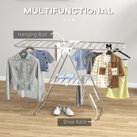Clothes Drying Rack, 2-Tier Stainless Steel Foldable Laundry Rack with Adjustable Wings and Shoe Holders, Silver