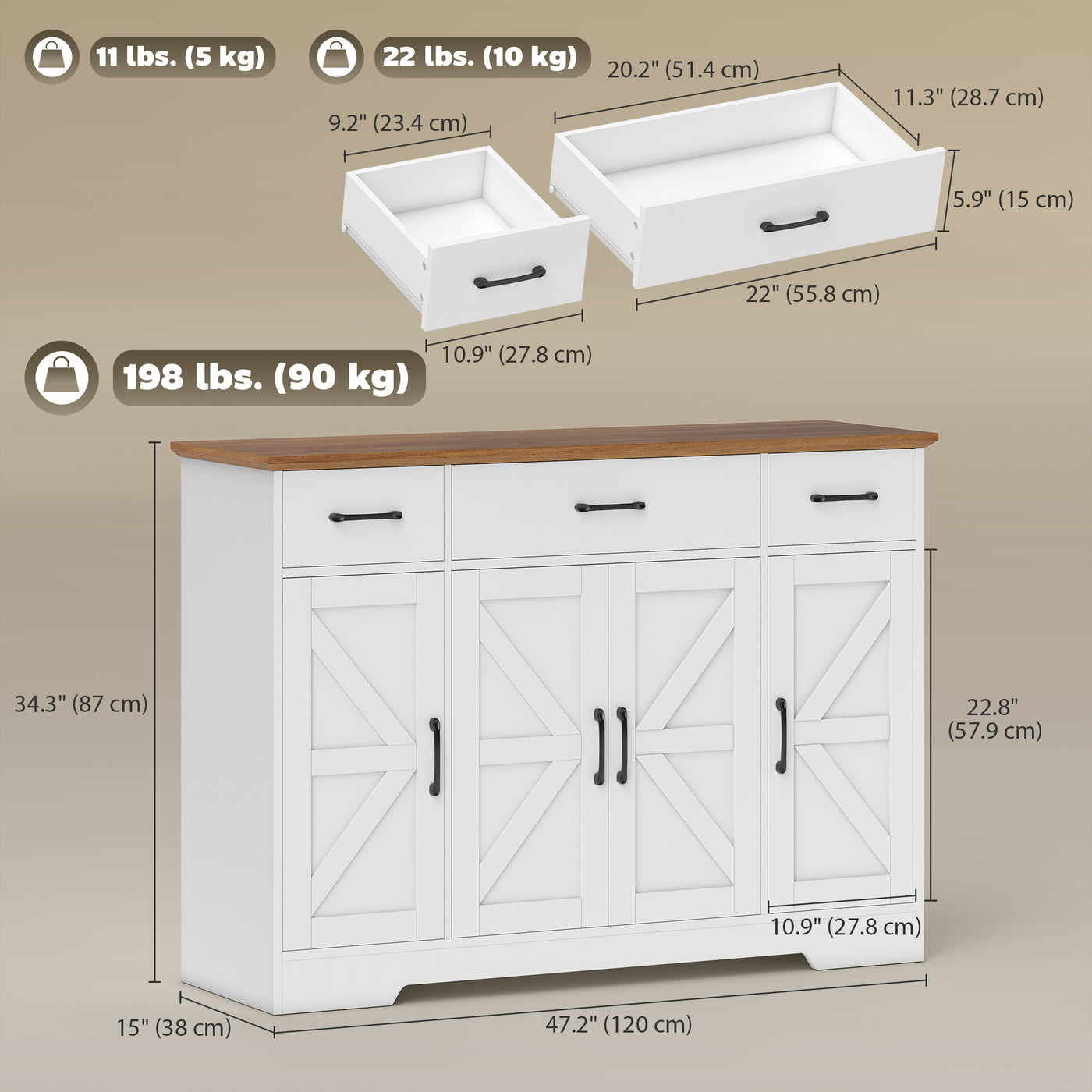 47" Buffet Cabinet with Soft-Close Hinges, Farmhouse Sideboard with 3 Drawers, Adjustable Shelves and Spice Racks, White