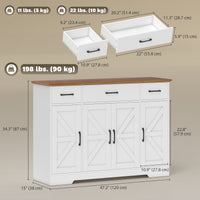 47" Buffet Cabinet with Soft-Close Hinges, Farmhouse Sideboard with 3 Drawers, Adjustable Shelves and Spice Racks, White
