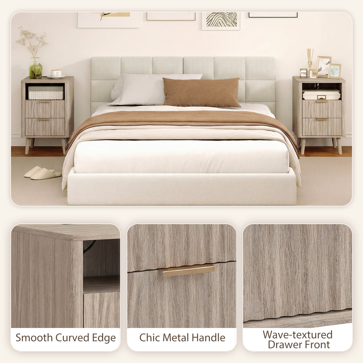 Nightstands Set of 2, Modern Bedside Tables with Charging Station, 2 Drawers and Open Shelf, Grey