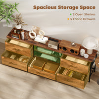 TV Stand for TVs up to 70 Inch, Industrial TV Console with Charging Station, 5 Drawers and Open Shelves, Rustic Brown