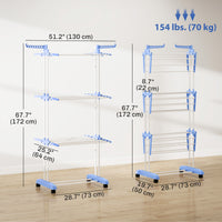 Foldable Clothes Drying Rack, 4-Tier Steel Laundry Rack for Drying Clothes with 2 Side Wings and 4 Castors, Indoor and Outdoor Use, Blue