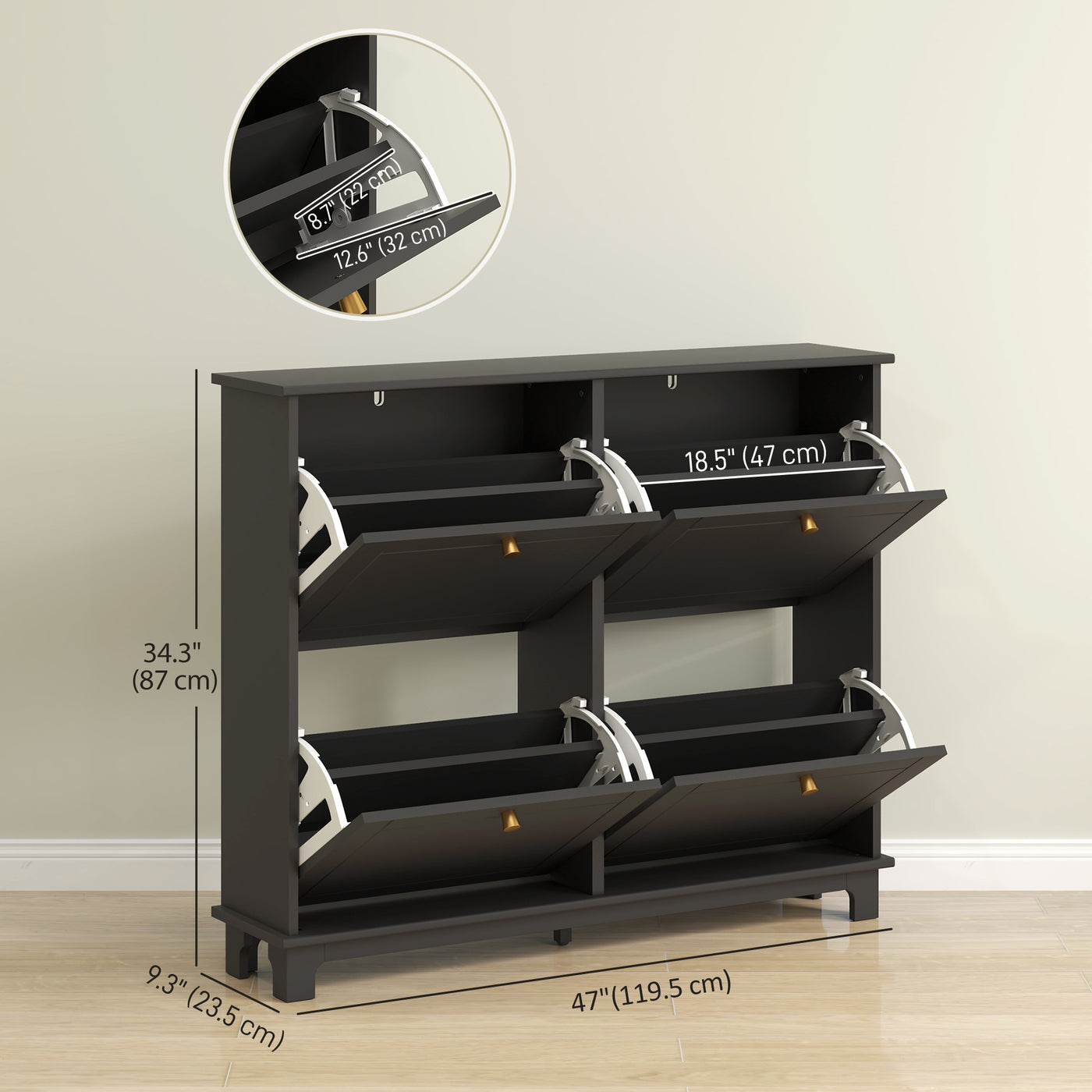 Modern Shoe Storage Cabinet, Narrow Shoe Cabinet with 4 Flip Drawers, Adjustable Shelves, 5 Legs for Entryway, Black
