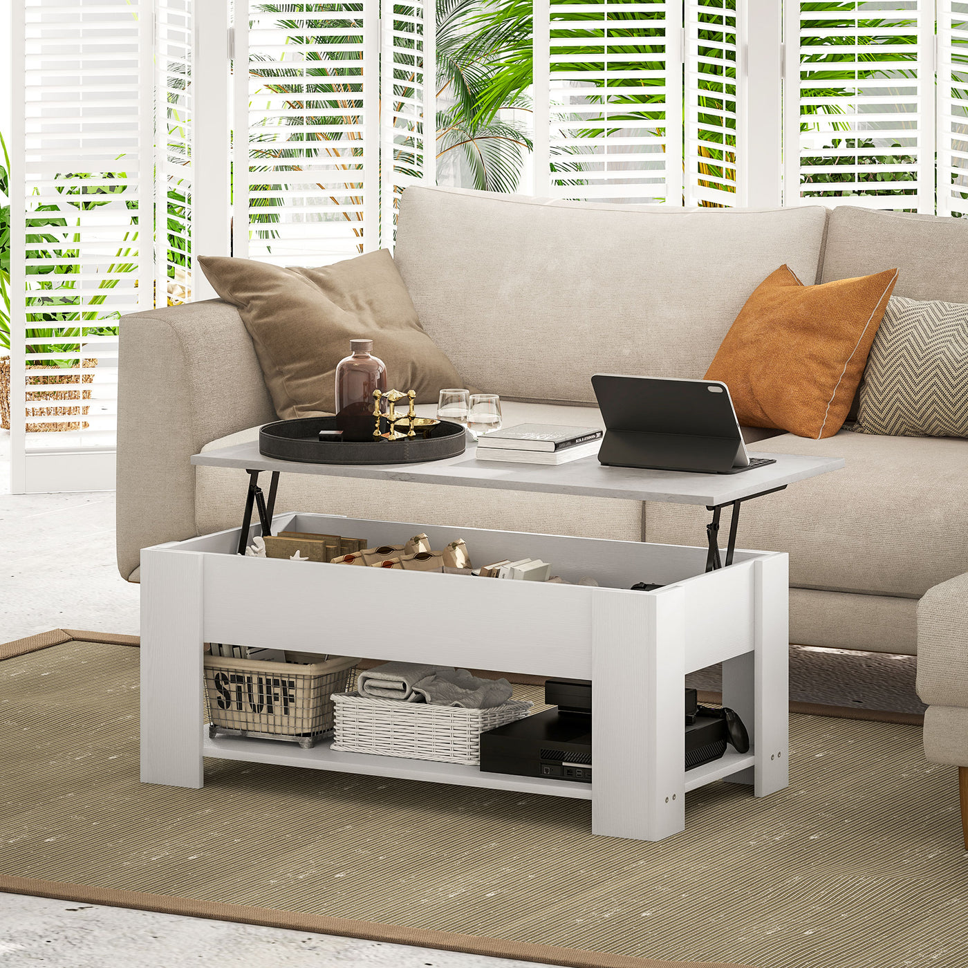 Lift Top Coffee Table with Hidden Storage Compartment and Open Shelf, Center Table for Living Room, White
