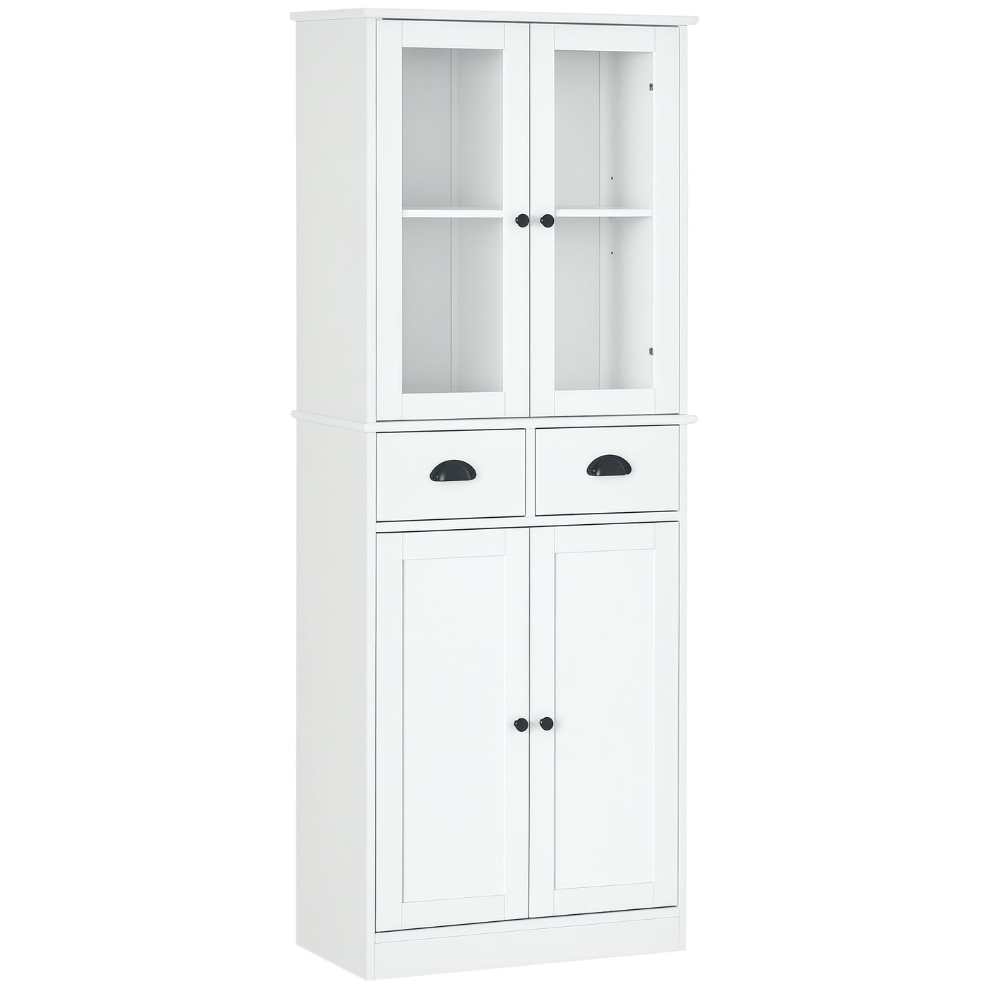 61" Kitchen Pantry Cabinet, Freestanding Farmhouse Buffet Storage Cabinet with Soft Close Glass Doors and Adjustable Shelves, White