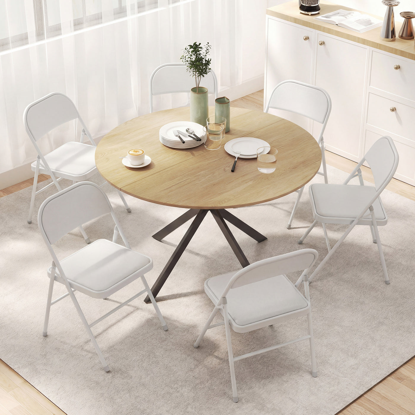 Set of 6 Metal Foldable Chairs, PU Leather Padded Folding Chairs with Cushion Seat and Open Back for Indoor, White