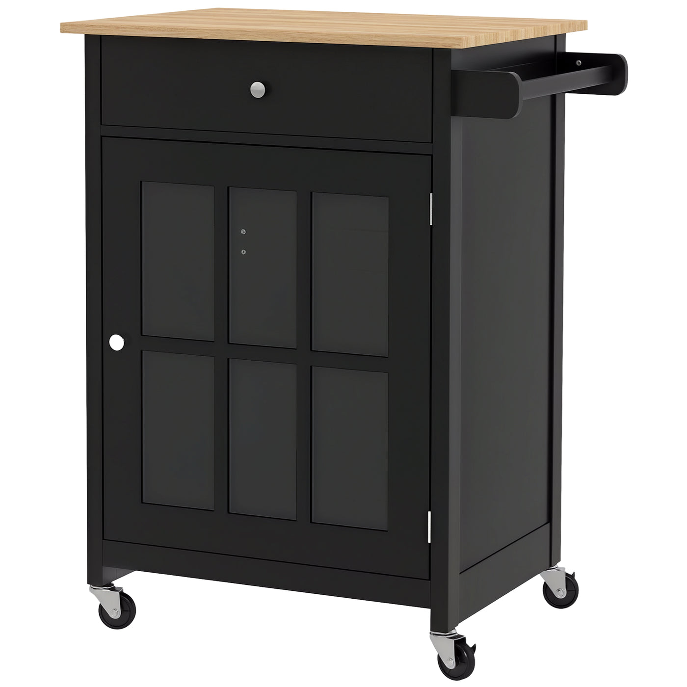 Rolling Kitchen Cart with Drawer and Glass Door Cabinet, Kitchen Island on Wheels with Towel Rack, Black