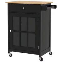 Rolling Kitchen Cart with Drawer and Glass Door Cabinet, Kitchen Island on Wheels with Towel Rack, Black