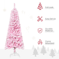 5 FT Snow Flocked Artificial Christmas Tree, Pencil Xmas Tree with Realistic Branches, Auto Open and Steel Base, Pink