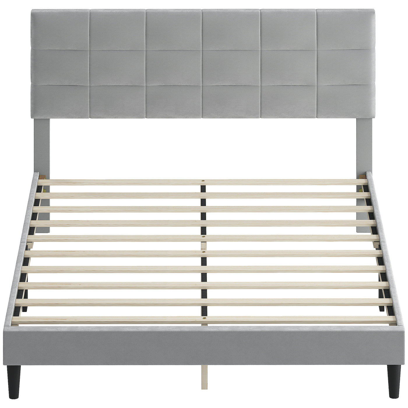 Queen Size Bed Frame with Upholstered Headboard, Modern Platform Bed Frame with Wood Slats, 1100 lbs Capacity, Grey