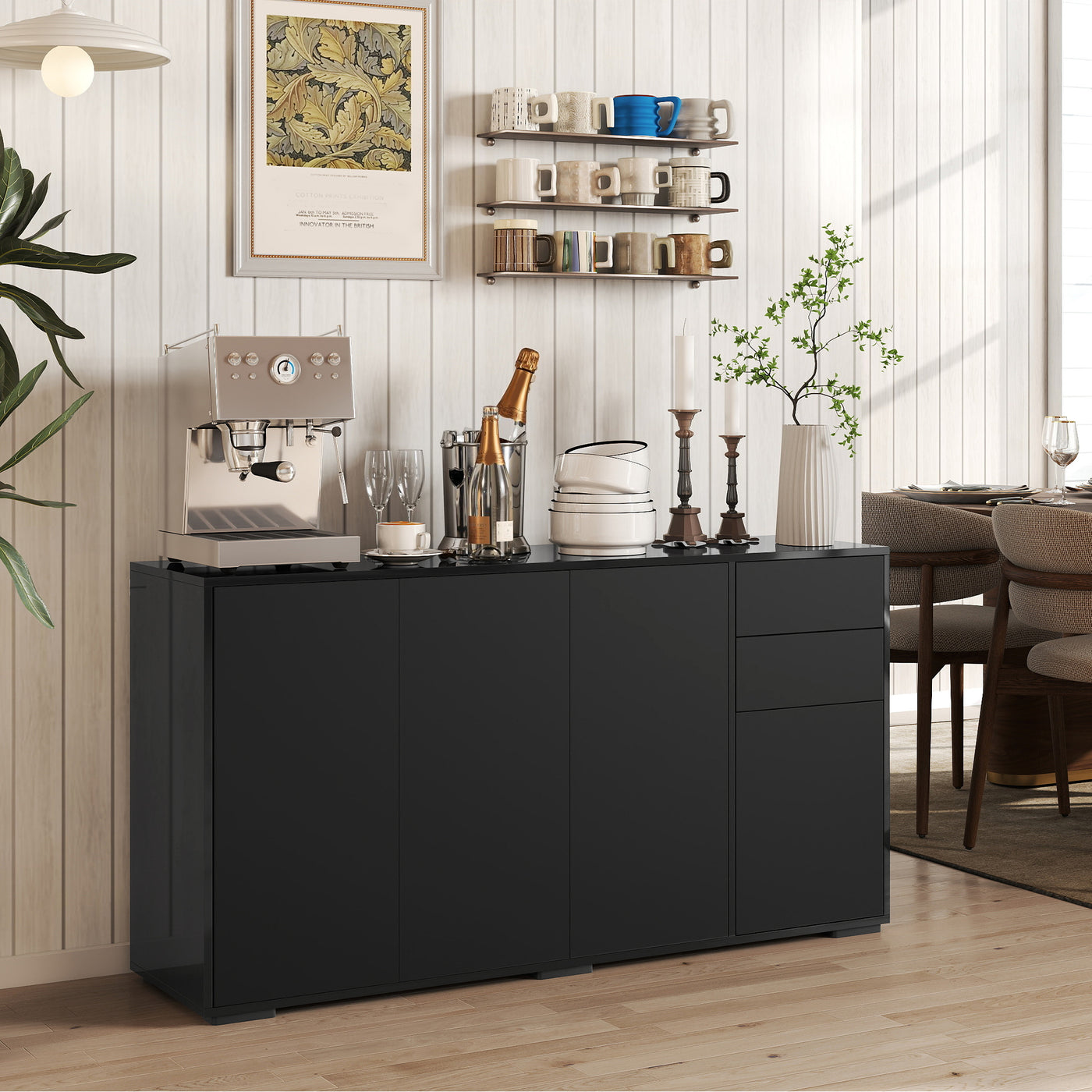 Kitchen Sideboard Storage Cabinet, Modern Coffee Bar Cabinet with Push-Open Design and 2 Drawers for Living Room, Black