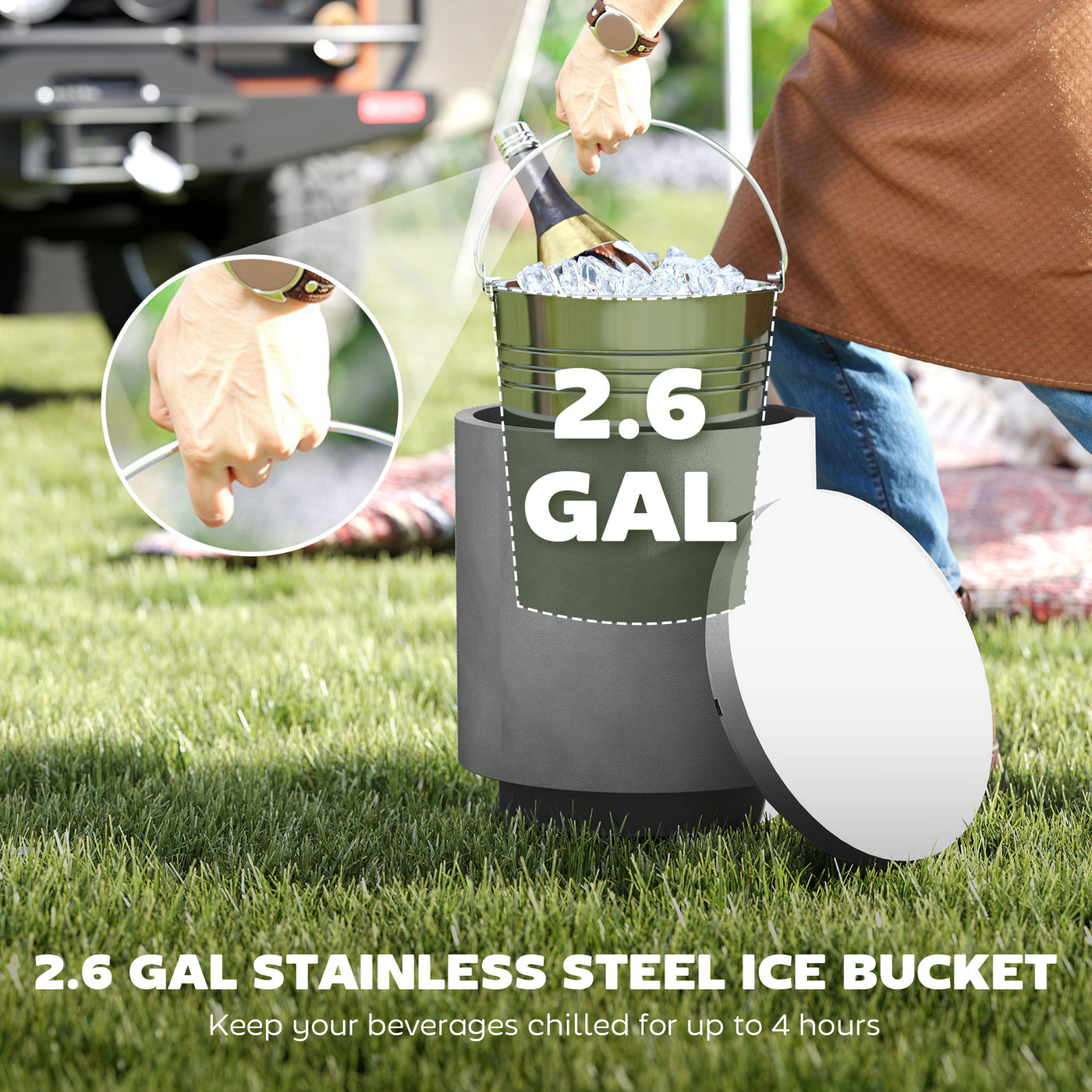 2.6 Gal Outdoor Side Table, 3-In-1 Concrete Cooler Bar Table with Storage, Removable Ice Bucket and Lid, Light Grey
