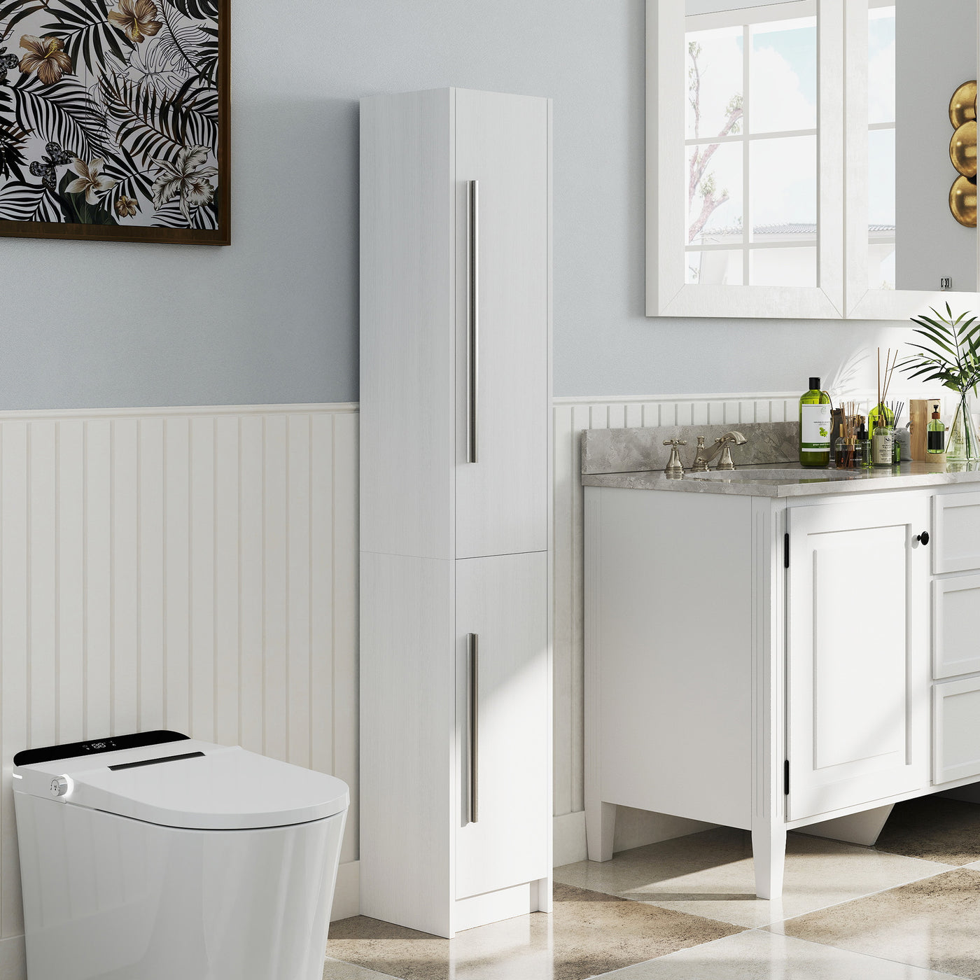 Freestanding Tall Bathroom Storage Cabinet with Adjustable Shelves, Bathroom Organizer, White Wood Grain