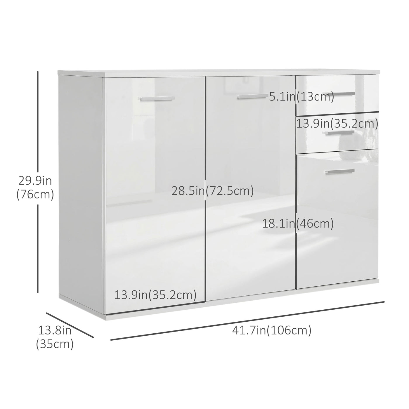 High Gloss Sideboard with 2 Drawers and 3 Doors, Buffet Cabinet with Adjustable Shelf, Coffee Bar Cabinet with Storage, White