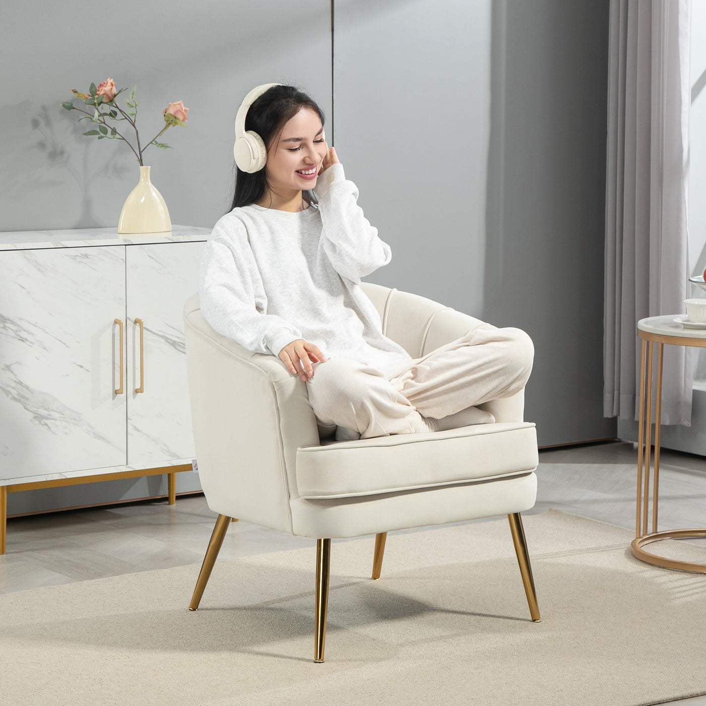 Fabric Armchair, Modern Accent Chair with Gold Metal Legs for Living Room, Bedroom, Home Office, Cream White