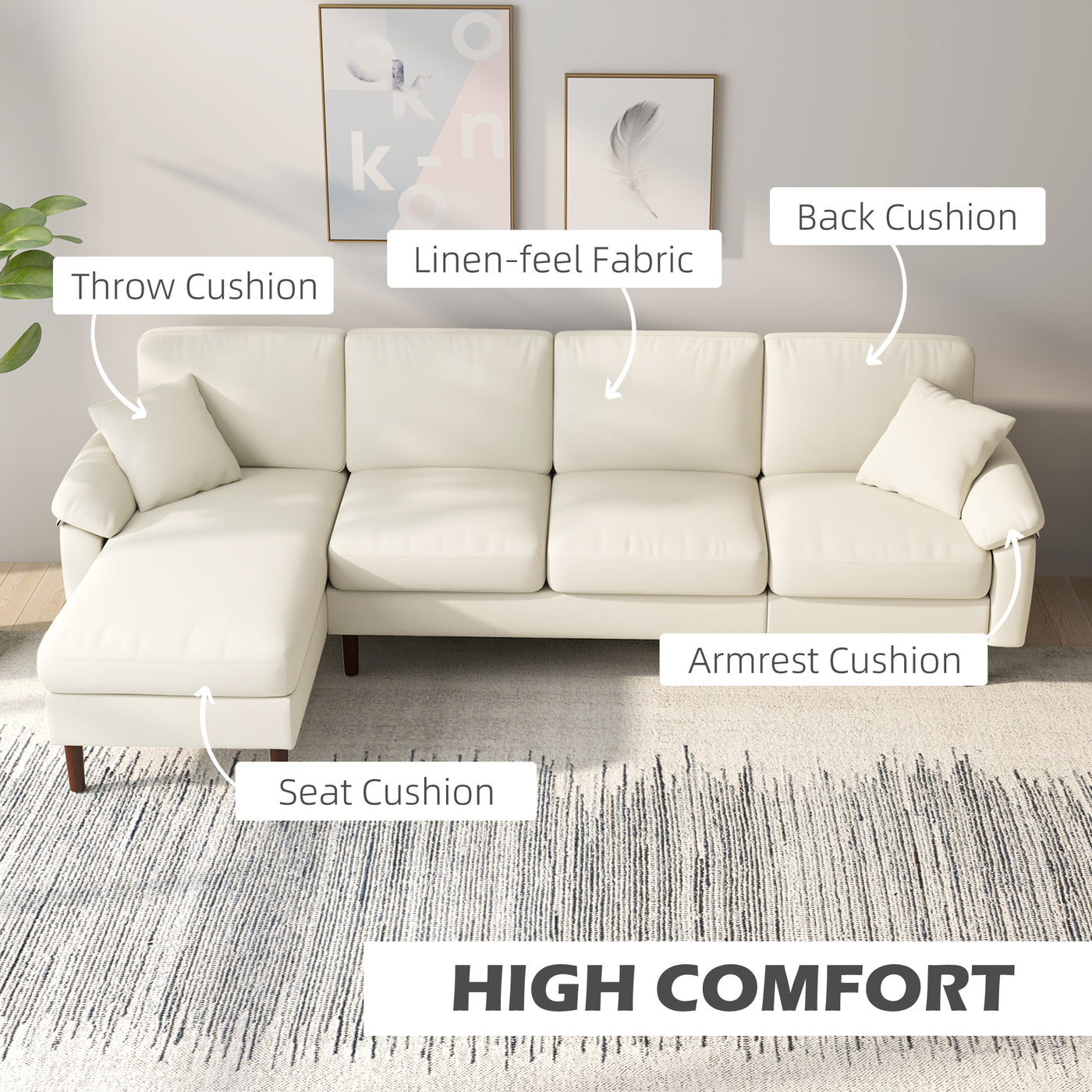 L-Shape Sofa, Modern Sectional Couch with Changeable Chaise Lounge, Pillows and Wooden Legs for Living Room, Cream White