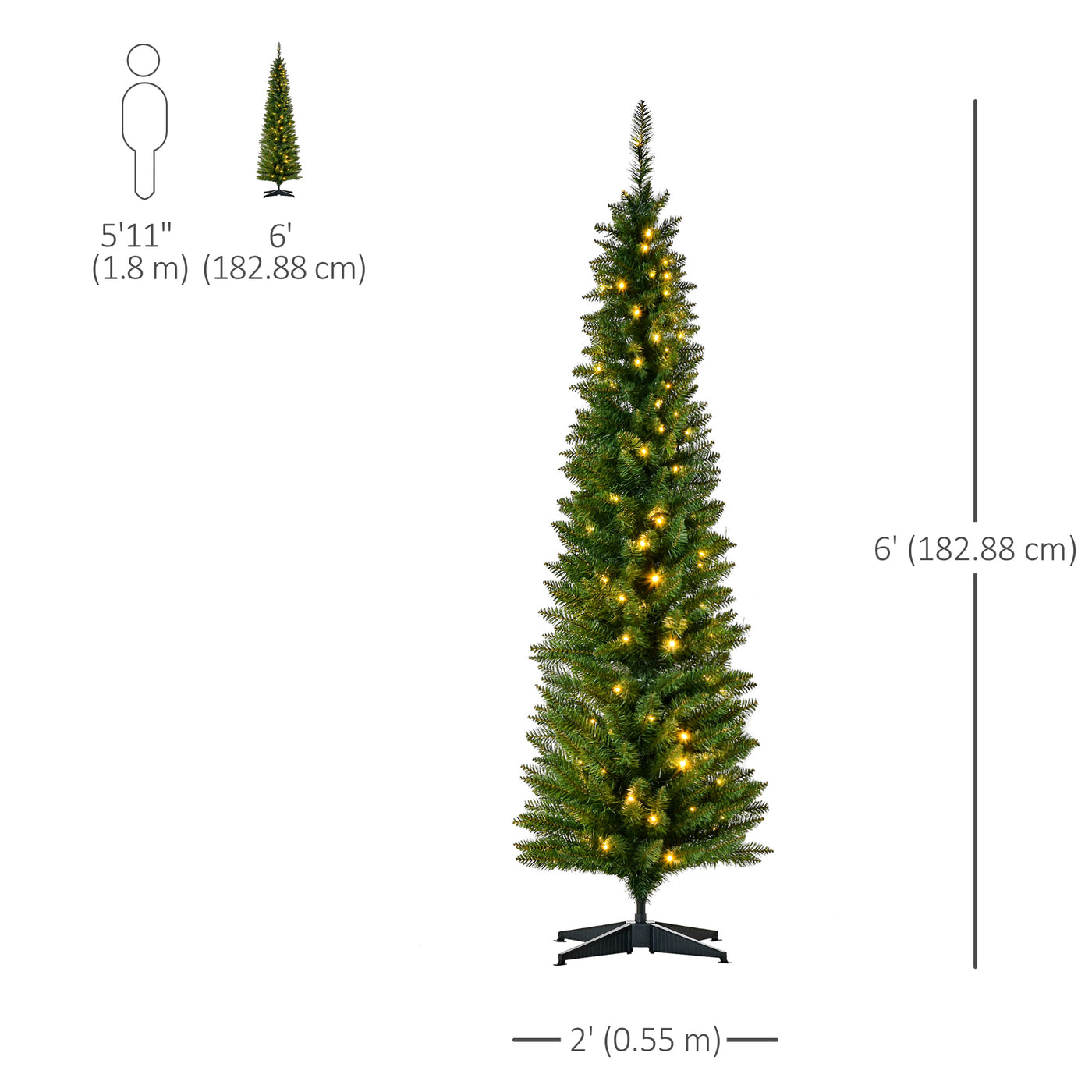 6' Pre Lit Artificial Pencil Christmas Trees, Xmas Tree with Realistic Branches and Warm White LED Lights, Green