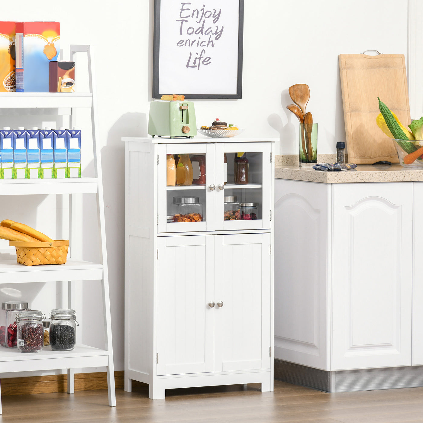 Bathroom Floor Storage Cabinet with Tempered Glass Doors and Adjustable Shelf, Kitchen Cupboard, Free Standing Organizer for Living Room Entryway, White