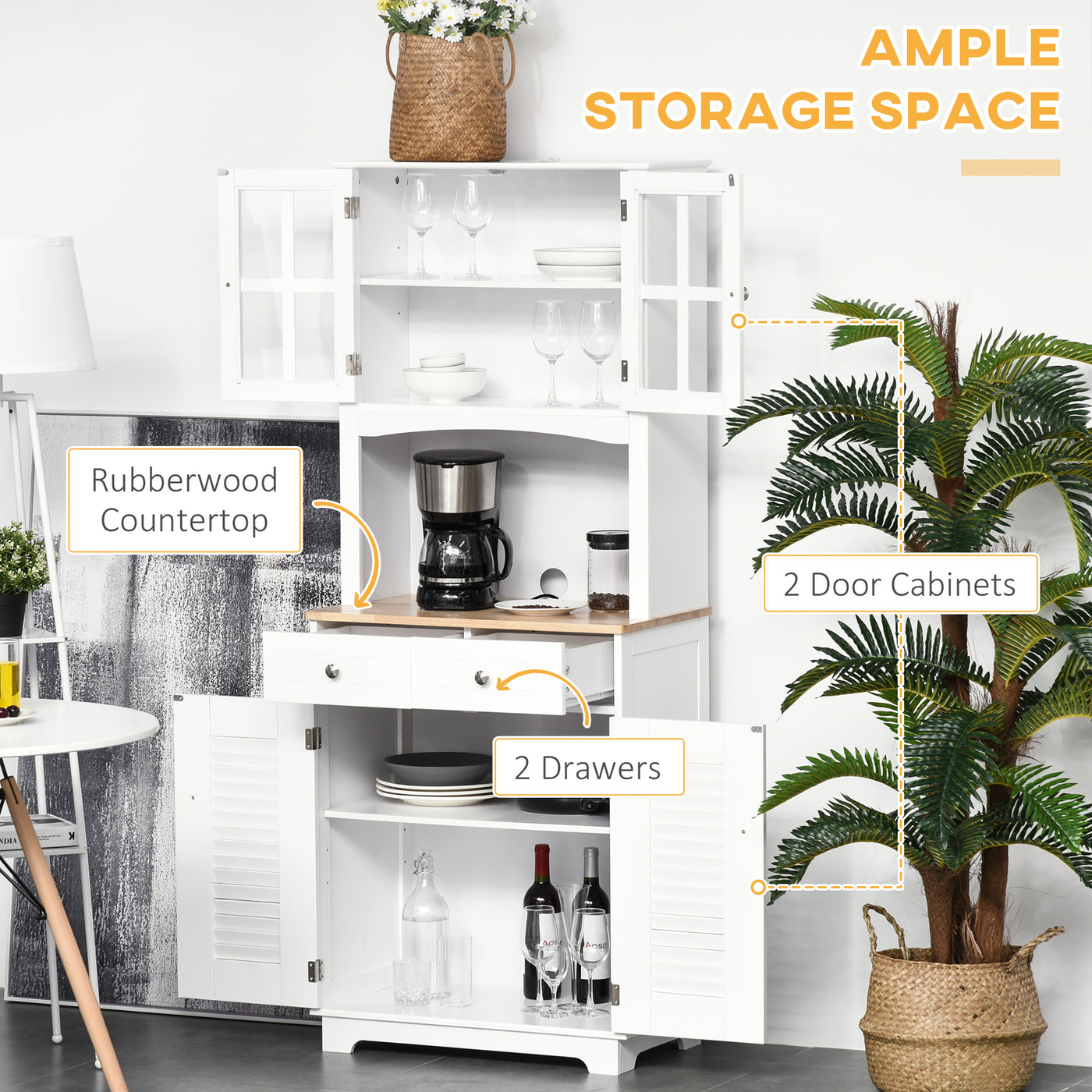 Coastal Style Kitchen Buffet and Hutch Wooden Storage Cupboard with Framed Glass Door LouveredCabinet  Drawers Microwave Space for Dining Room  Living Room  White