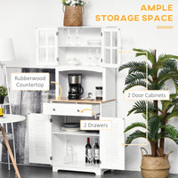 Coastal Style Kitchen Buffet and Hutch Wooden Storage Cupboard with Framed Glass Door LouveredCabinet  Drawers Microwave Space for Dining Room  Living Room  White