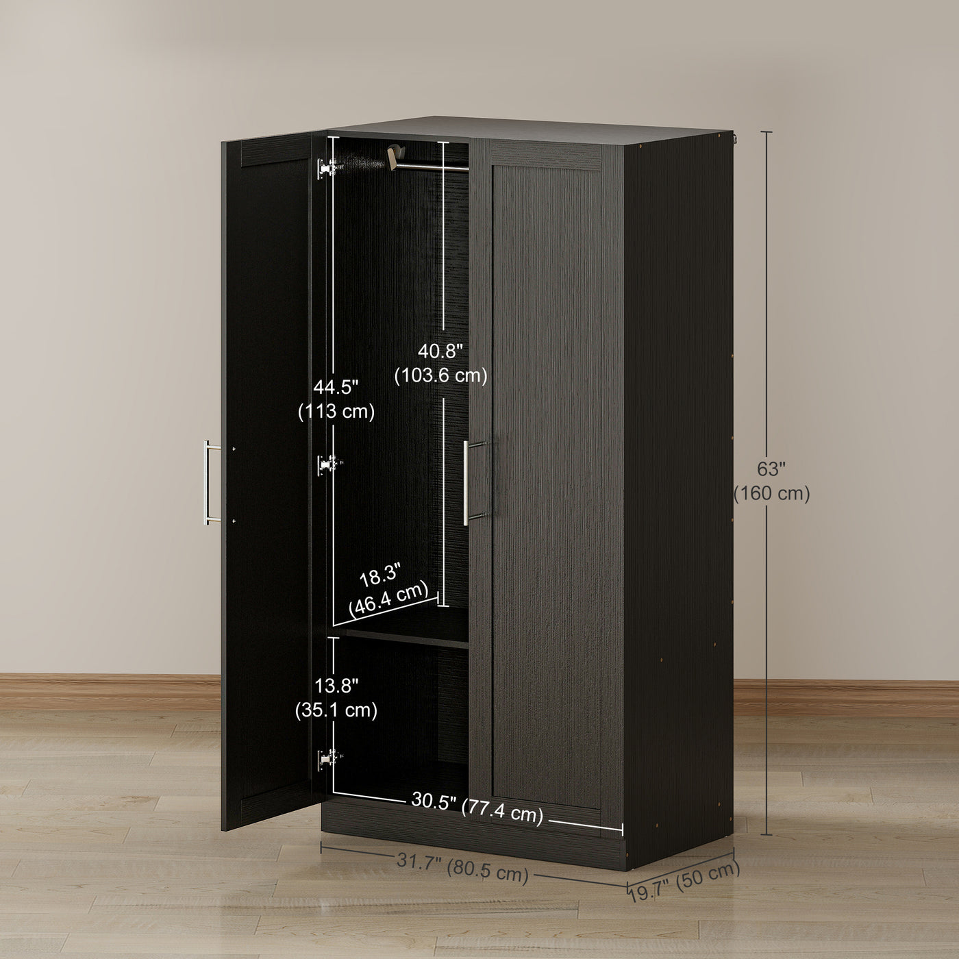Wardrobe Cabinet with 2 Doors and Hanging Rod, Modern Armoire Wardrobe Closet for Bedroom, Black Wood Effect