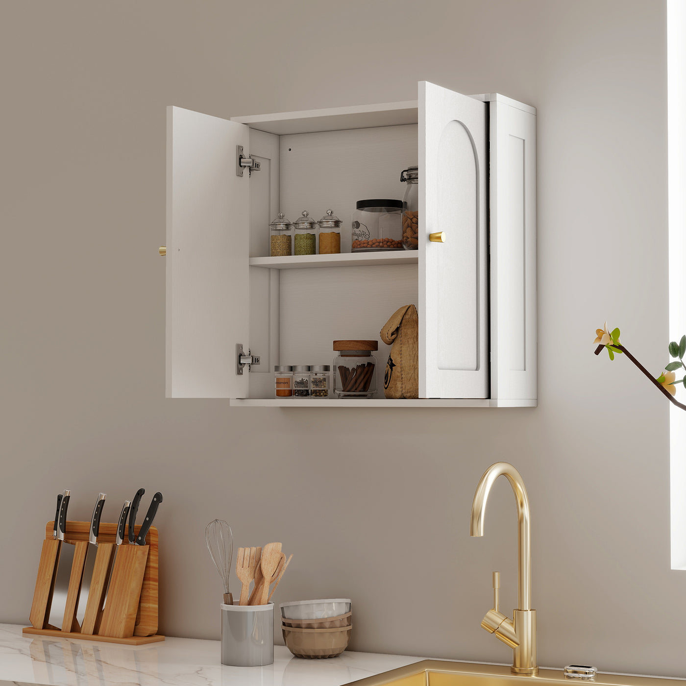 Medicine Cabinet, Modern Bathroom Wall Cabinet with 2 Arched Doors and Gold Handles, White Wood Grain