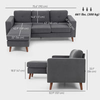 Sectional Sofa with Changeable Chaise Lounge, 3 Seat L-Shaped Small Space Sofa, Upholstered Couch for Small Space, Dark Grey