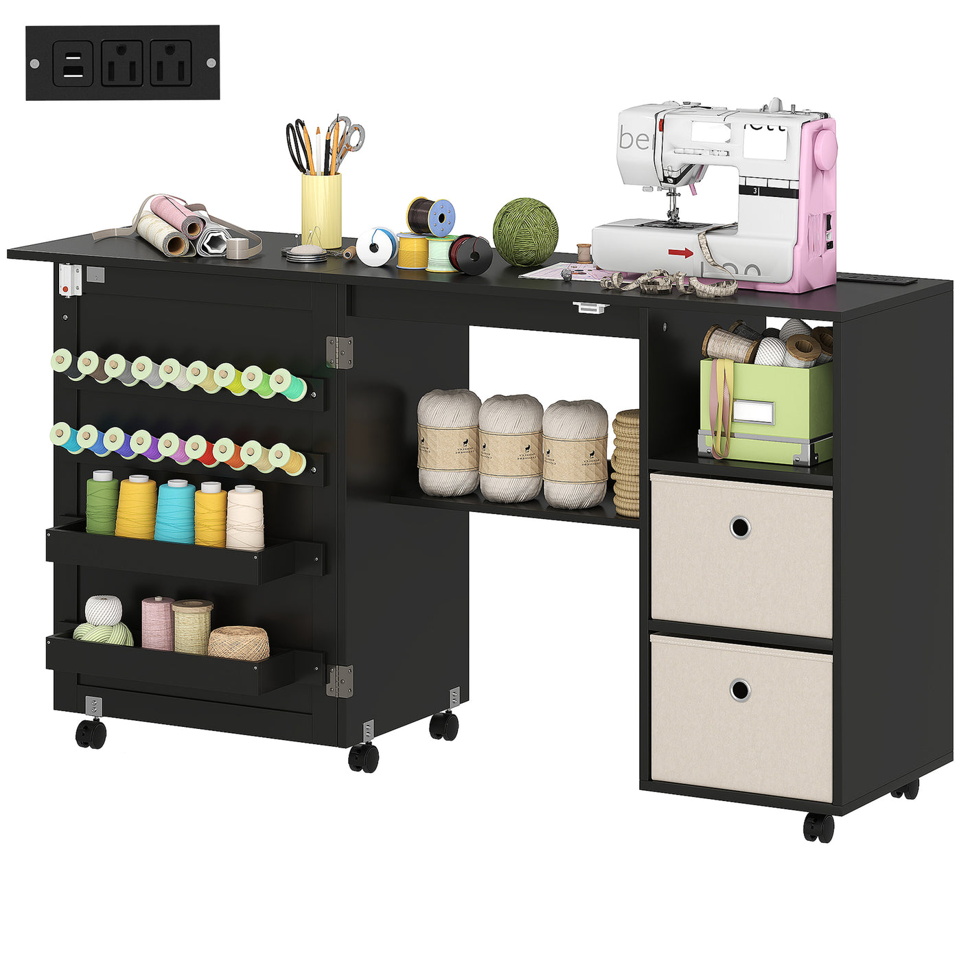 Rolling Sewing Machine Table with Power Outlet, Folding Craft Table with 2 Fabric Drawers, 2 Bins and 18 Pegs, Black