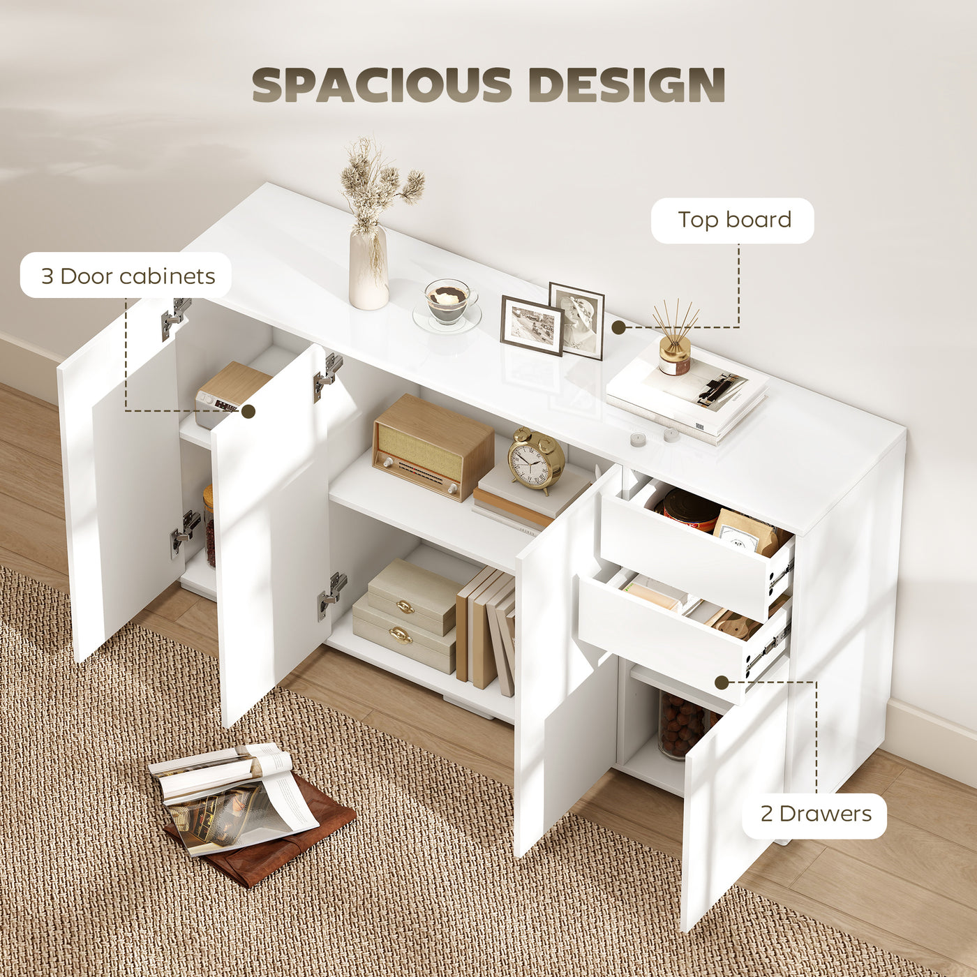 Kitchen Sideboard Storage Cabinet, Modern Coffee Bar Cabinet with Push-Open Design and 2 Drawers for Living Room, White