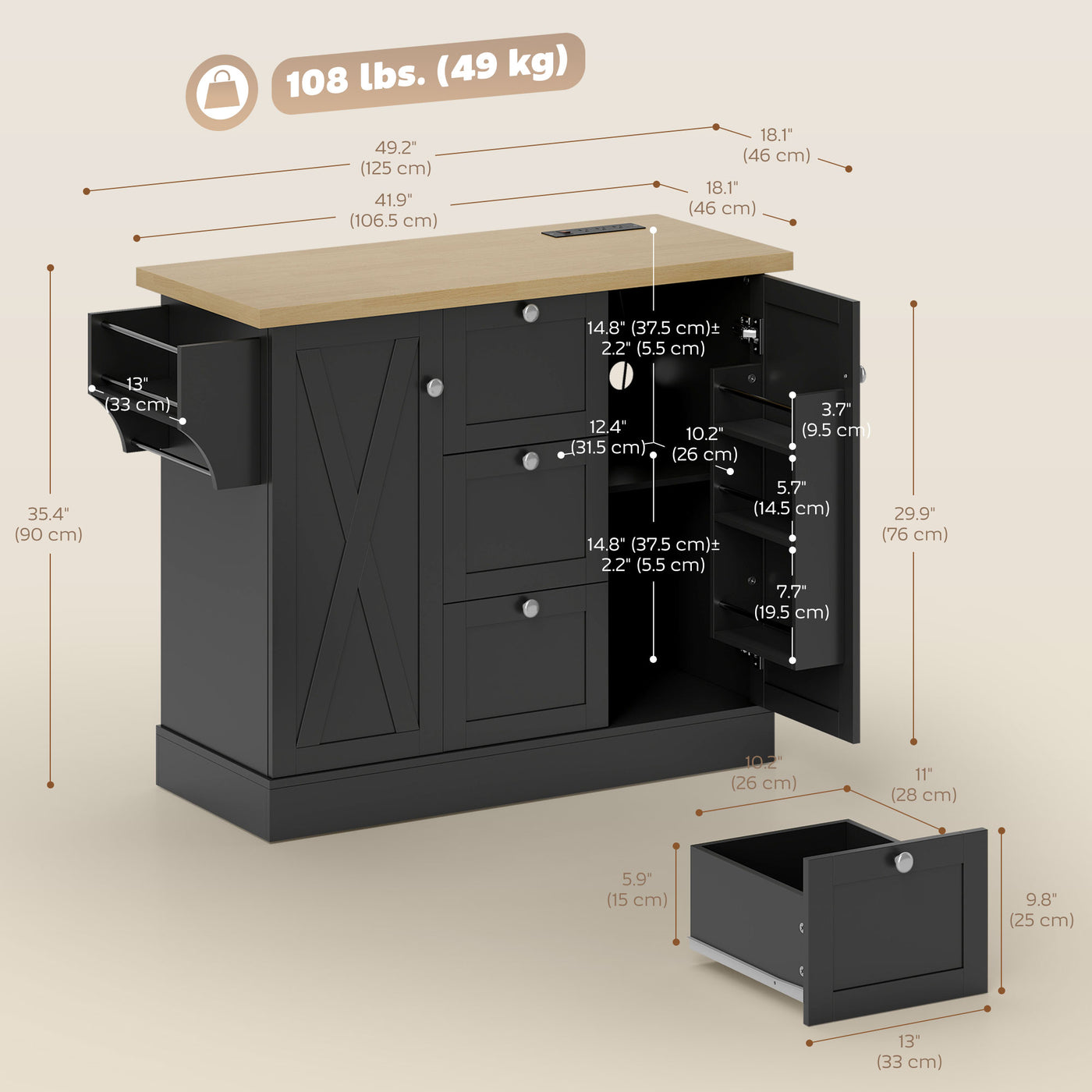 Farmhouse Kitchen Island Cart with Power Outlet and Soft-Close Doors, 49" Kitchen Island with 3 Drawers, Black