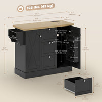 Farmhouse Kitchen Island Cart with Power Outlet and Soft-Close Doors, 49" Kitchen Island with 3 Drawers, Black