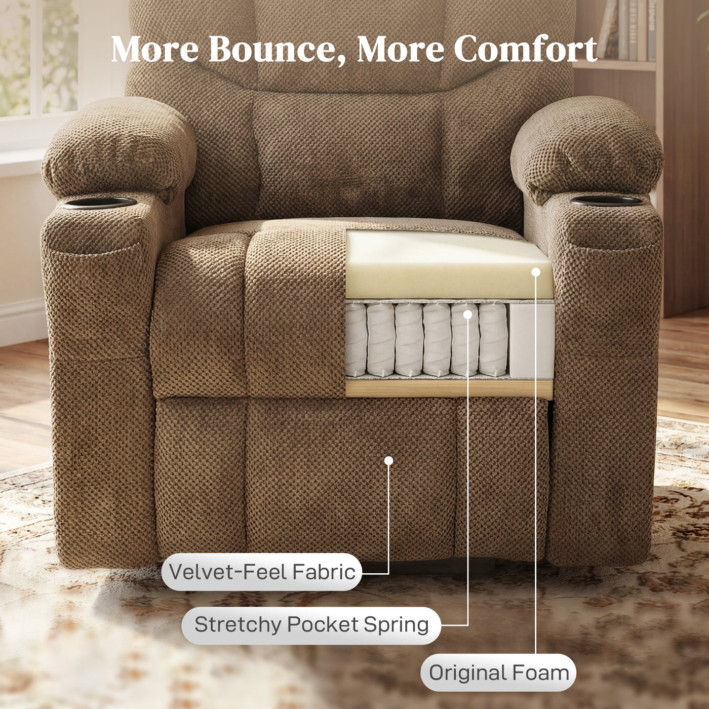 Power Recliner Chair with Massage, Electric Lift Chair for Elderly with Side Pockets, Cup Holders, Remote, Brown
