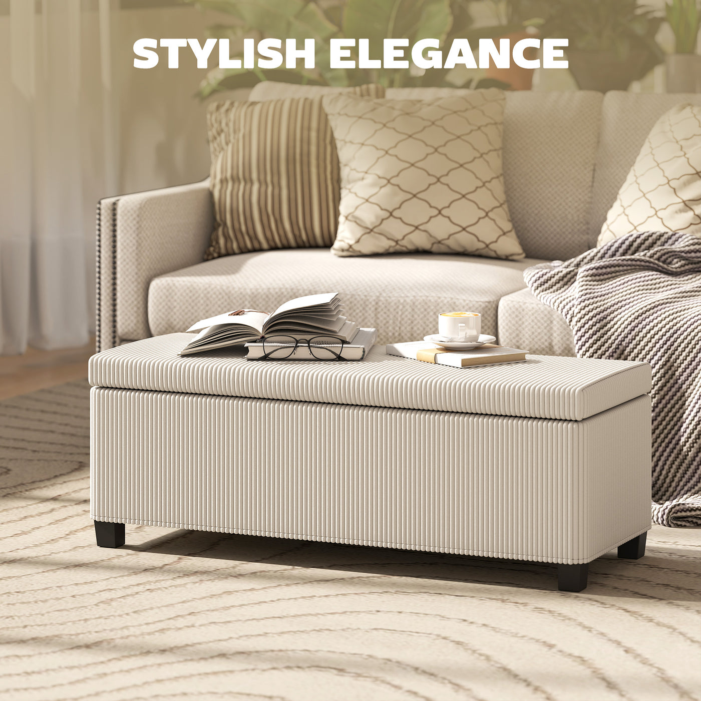 44 Inches Ottoman with Storage, Lid, Legs, Corduroy End of Bed Bench for Living Room, Bedroom, Entryway, Beige