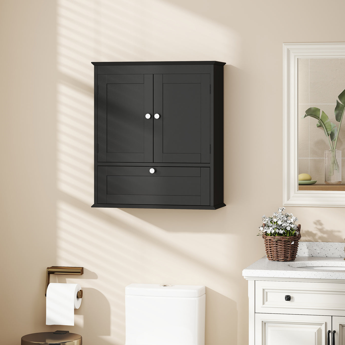 Medicine Cabinet with Adjustable Shelf, Bathroom Wall Cabinet Bathroom Cabinet with Recessed Panels, Black
