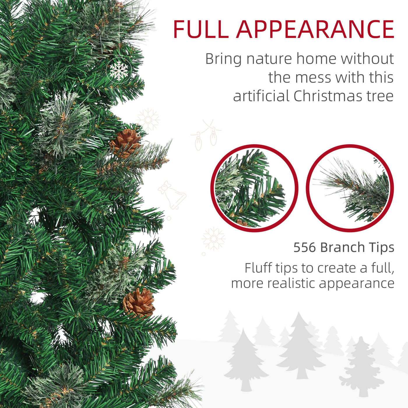 6.5ft Pencil Christmas Tree, Artificial Christmas with Pine Needles, Realistic Branches, Pine Cones, Metal Base, Green
