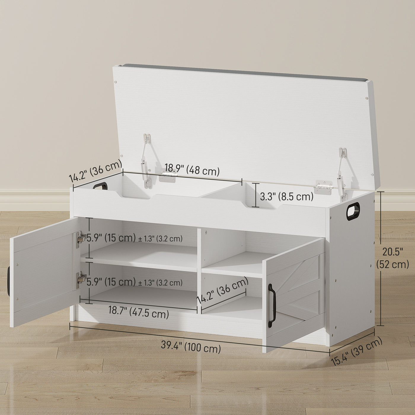 Shoe Storage Bench, Entryway Bench with 2-Tier Cabinet, Flip-Top Storage, Padded Cushion for Hallway, White