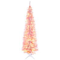 7' Pre Lit Artificial Pencil Christmas Trees, Xmas Tree with Realistic Branches and Warm White LED Lights, Pink