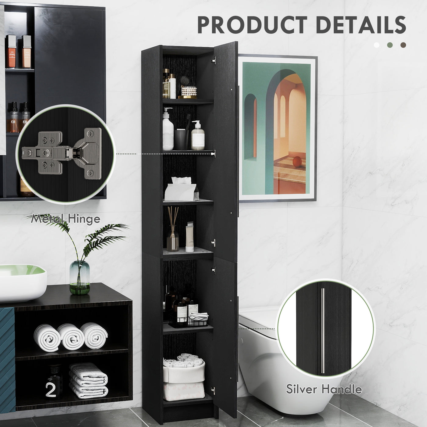Freestanding Tall Bathroom Storage Cabinet with Adjustable Shelves, Bathroom Organizer, Black Wood Grain