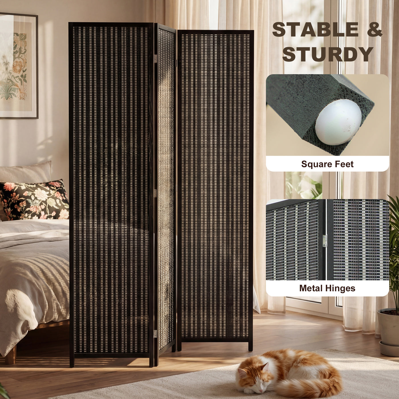 Folding Privacy Screen, 3 Panel Room Divider, Freestanding Partition with Handwoven Bamboo and Pine Wood Frame, Black