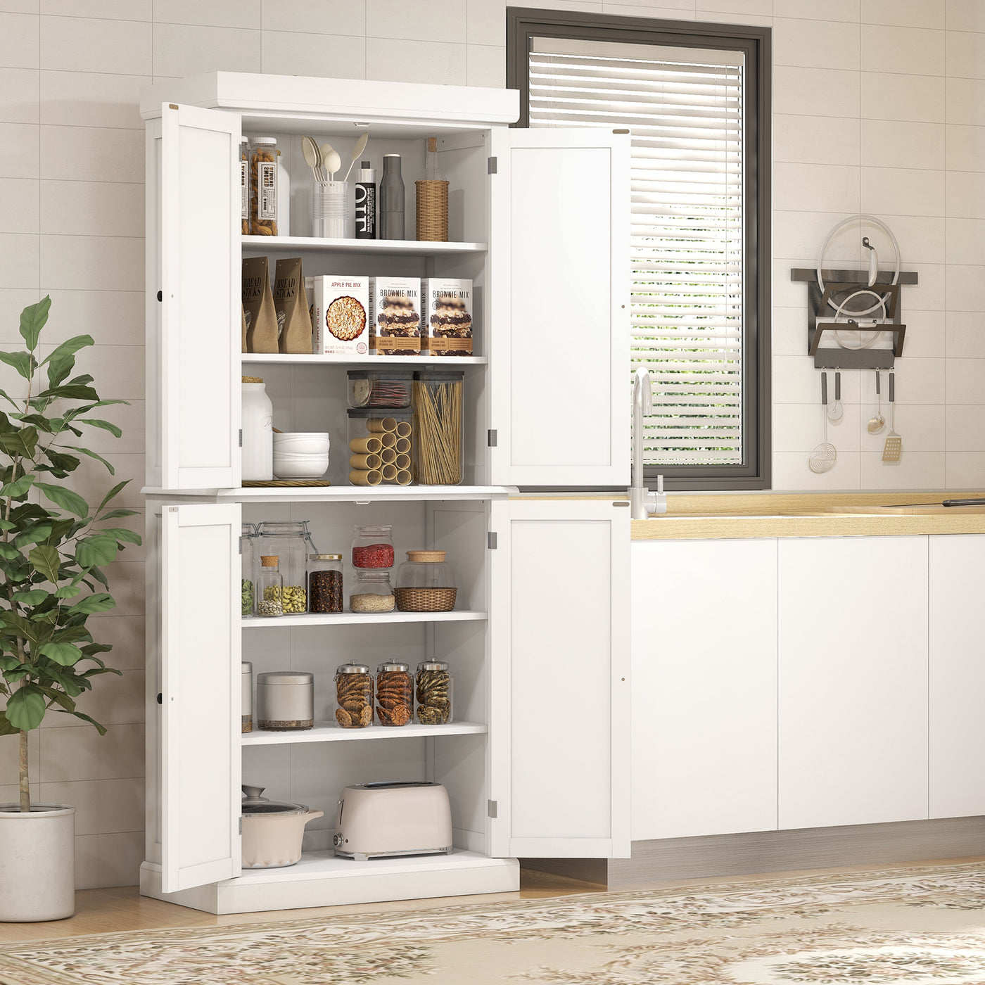 72.5" Freestanding Kitchen Pantry Cabinet with 4 Doors, White