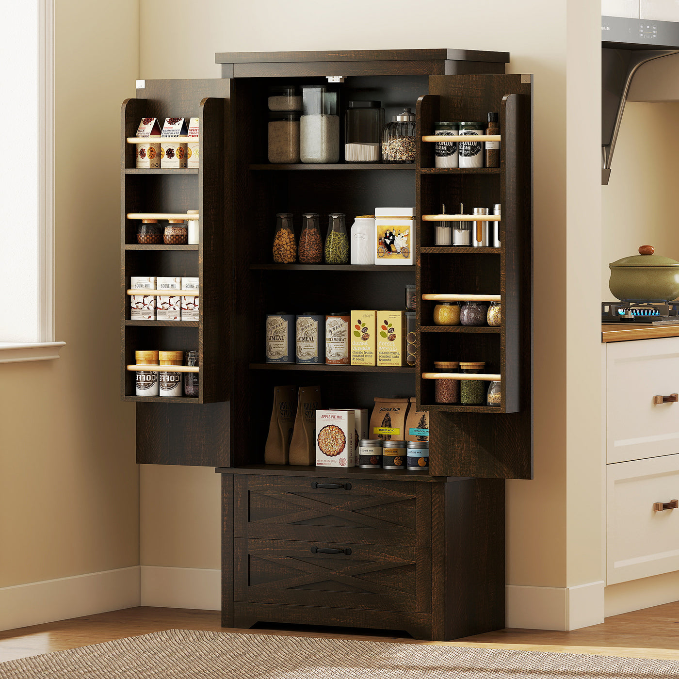 Farmhouse Kitchen Pantry Storage Cabinet, 64" Freestanding Kitchen Pantry Cabinet with Drawers, Distressed Dark Brown