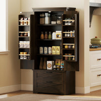 Farmhouse Kitchen Pantry Storage Cabinet, 64" Freestanding Kitchen Pantry Cabinet with Drawers, Distressed Dark Brown