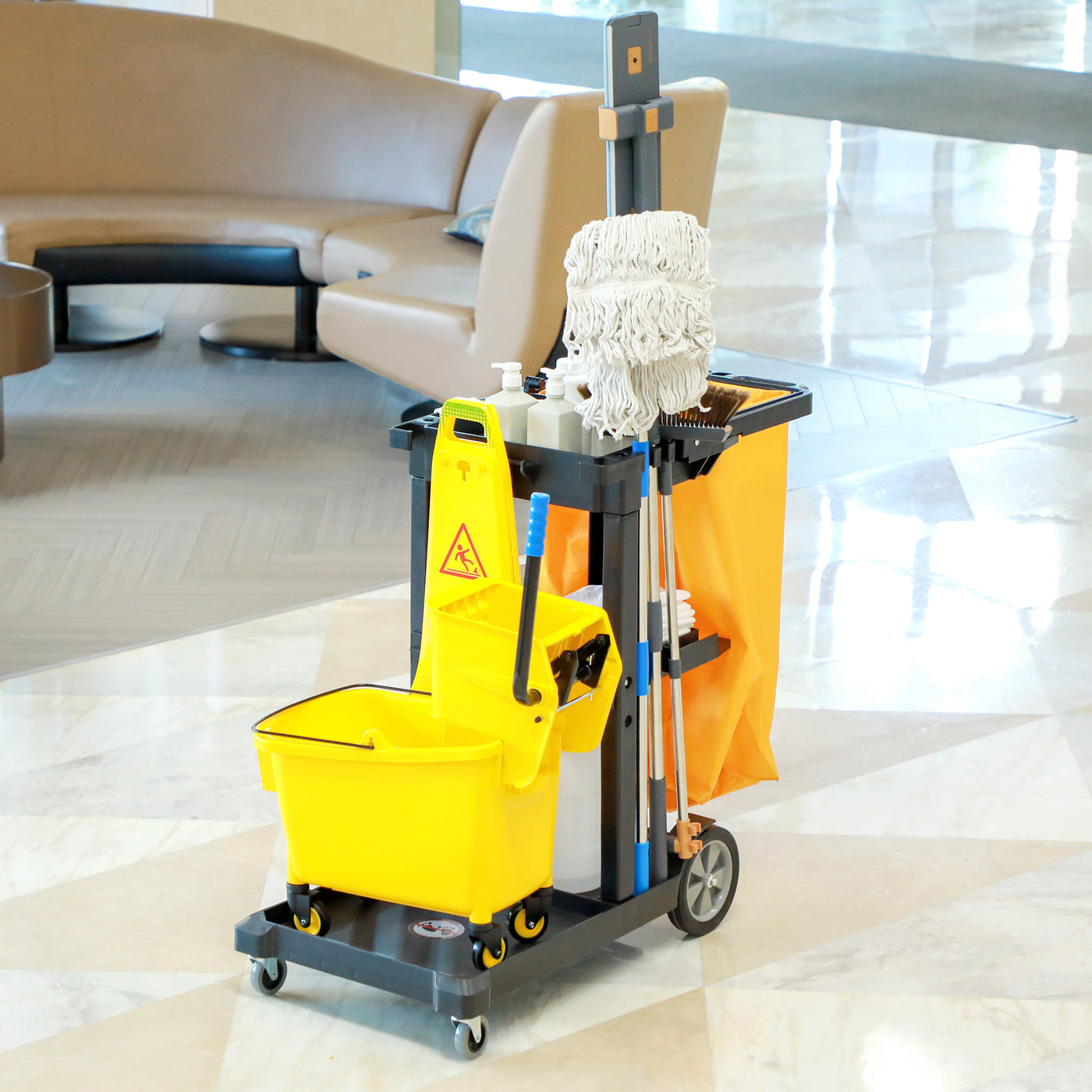 Janitorial Cart with 3 Shelves, Cleaning Cart on Wheels with Rubbish Bag and Mop Holders for Hotel, Housekeeping, Black