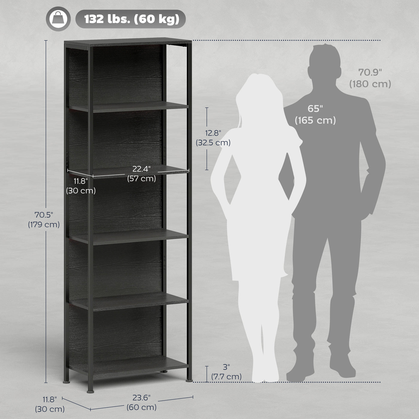 5-Tier Bookshelf, Freestanding Bookcase with LED Lights and Metal Frame for Living Room, Bedroom, Home Office, Black