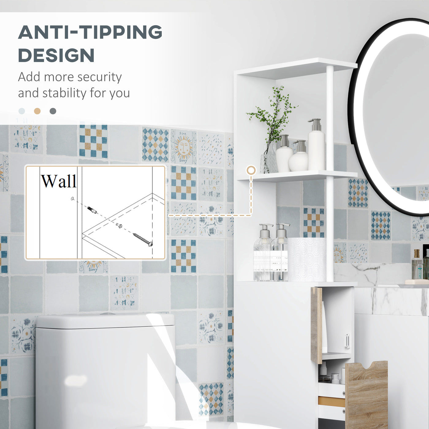 Tall Bathroom Storage Cabinet, Narrow Bathroom Cabinet with Drawers and Open Shelves for Small Spaces, Natural Wood