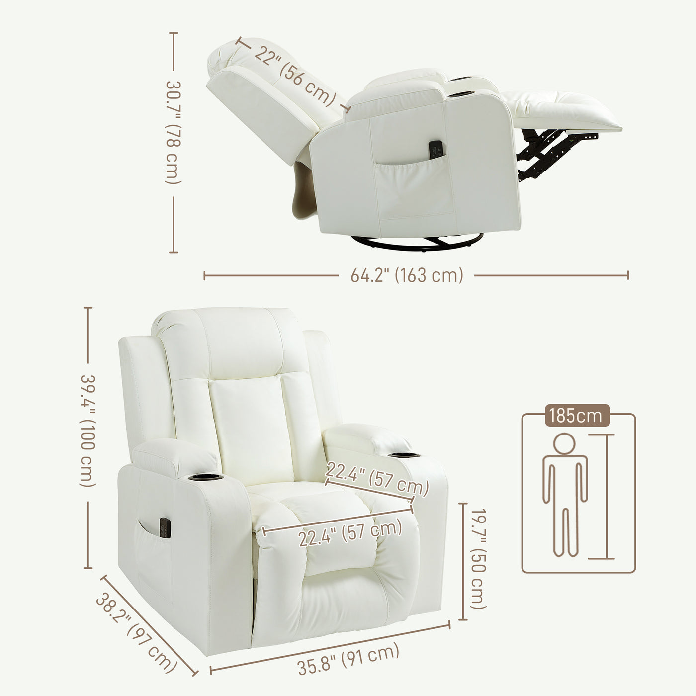 Swivel Massage Recliner Sofa, Overstuffed Manual Reclining Sofa, PU Leather Rocking Chair with Side Pockets, Cup Holders, for Living Room, Nursery, Cream White