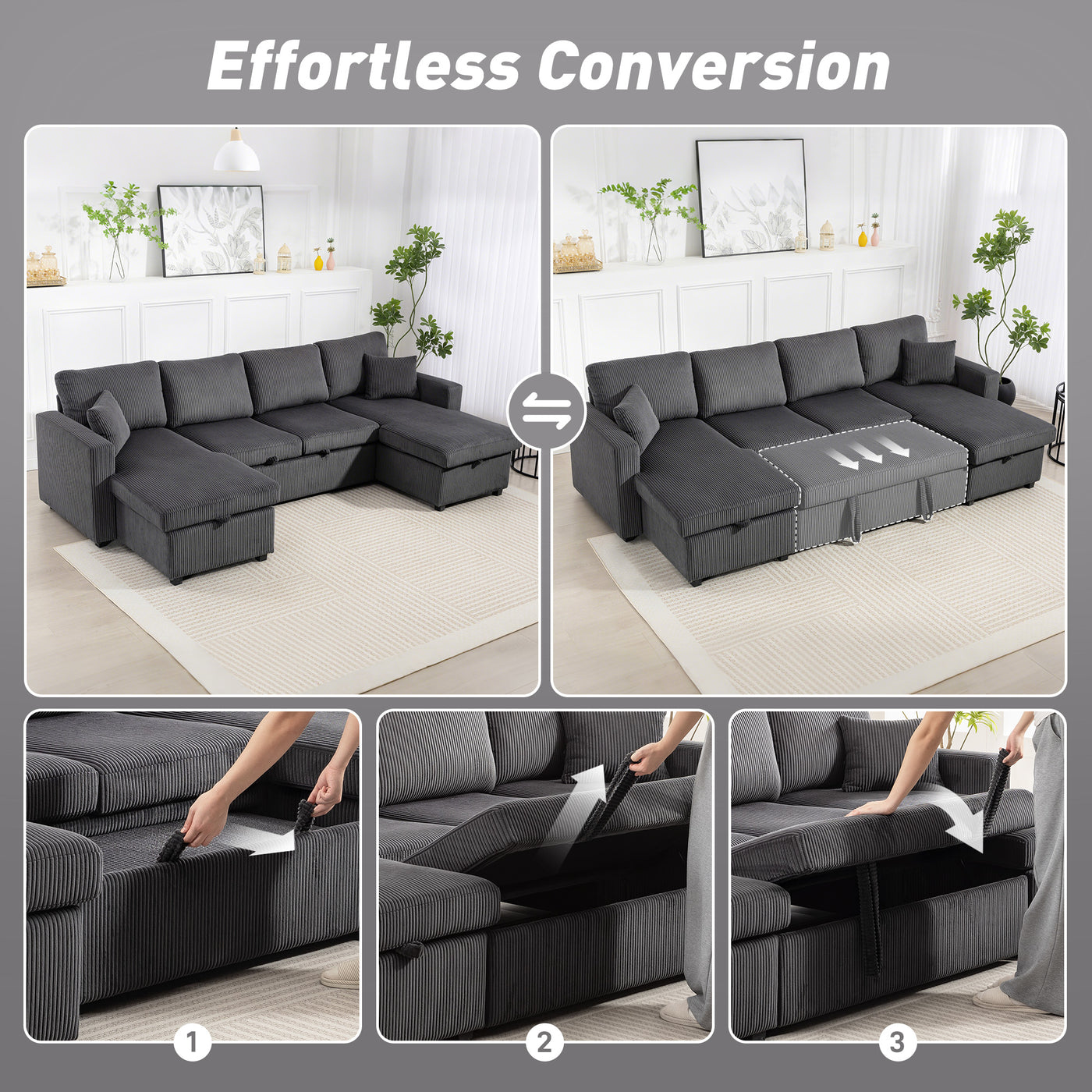 Convertible Sofa Bed, Corduroy U-Shaped Sleeper Sofa Couch with Storage Chaise, Pillows, Spring, Futon Couch, Grey